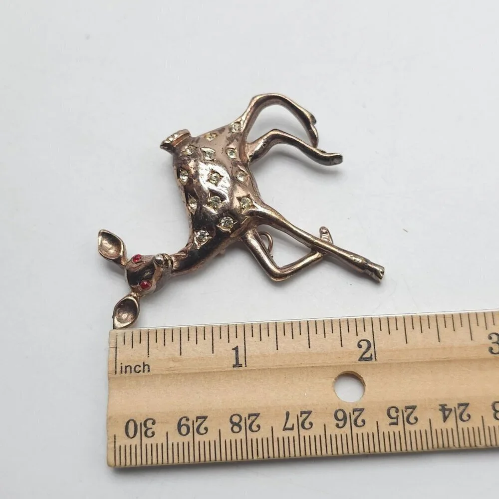 Vintage Copper Fawn Deer Brooch With Rhinestones Red Eyes LOOK AT ALL PICS